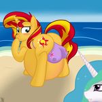  animal_genitalia beach belly big_belly big_breasts bikini breasts clothed clothing cutie_mark duo equestria_girls equine female friendship_is_magic fur hair hooves horn long_hair mammal multicolored_hair my_little_pony nipples open_mouth outside overweight princess_celestia_(mlp) putinforgod seaside smile sunset_shimmer_(eg) swimsuit two_tone_hair unicorn water white_fur 