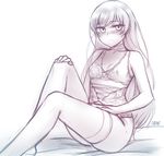  bad_deviantart_id bad_id blush breasts cleavage corset hand_on_own_knee hand_on_thigh long_hair monochrome ndgd revealing_clothes rwby scar scar_across_eye shoulders small_breasts solo thighhighs weiss_schnee 