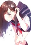  bag bangs black_hair black_legwear blurry brown_eyes caidychen depth_of_field flower hair_flower hair_ornament hair_tucking hand_on_own_knee leaning_forward long_hair looking_at_viewer pleated_skirt school_bag school_uniform serafuku short_sleeves skirt smile solo 