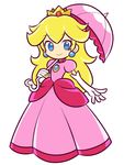  blonde_hair blue_eyes crown dress earrings elbow_gloves fukumitsu_(kirarirorustar) gloves jewelry long_hair mario_(series) parasol parody pink_dress pink_umbrella princess_peach puyopuyo smile solo style_parody super_mario_bros. umbrella 