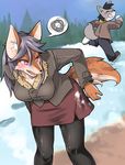  1boy 1girl anthro artist_request bent_over black_hair blush canine chaora clothed clothing duo eyes_closed female furry hair long_hair looking_back male mammal open_mouth pink_eyes purple_hair running skirt smile snow sweat teeth tongue tree winter wolf 