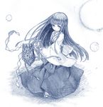  bad_id bad_pixiv_id bangs cotton_ball dancing furude_rika higurashi_no_naku_koro_ni hinamikan japanese_clothes long_hair looking_at_viewer miko monochrome sketch solo traditional_media very_long_hair 