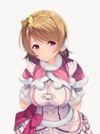  blush breasts brown_hair dress earmuffs fur_trim gloves hair_ribbon koizumi_hanayo large_breasts looking_at_viewer love_live! love_live!_school_idol_project purple_eyes ribbon short_hair siva_(executor) smile snow_halation solo white_gloves 