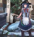  blue_hair boots bow cross-laced_footwear food fruit hat hinanawi_tenshi ichiba_youichi ladle long_hair peach puffy_short_sleeves puffy_sleeves red_eyes shirt short_sleeves skirt solo temple touhou 