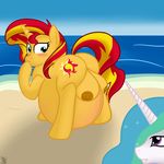  animal_genitalia beach belly big_belly big_breasts breasts cutie_mark duo equestria_girls equine female friendship_is_magic fur hair hooves horn long_hair mammal multicolored_hair my_little_pony nipples open_mouth outside overweight princess_celestia_(mlp) putinforgod seaside smile sunset_shimmer_(eg) teeth two_tone_hair unicorn water white_fur 