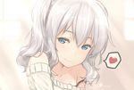  aqua_eyes bare_shoulders collarbone commentary_request dan_(kumadan) heart heart-shaped_pupils kantai_collection kashima_(kantai_collection) looking_at_viewer off_shoulder silver_hair smile solo spoken_heart sweater symbol-shaped_pupils twintails upper_body wavy_hair 