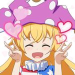  :d ^_^ american_flag_dress blonde_hair blush cato_(monocatienus) closed_eyes clownpiece commentary double_v facing_viewer hat heart jester_cap long_hair open_mouth pun smile solo touhou v 
