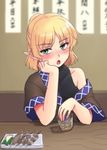  blonde_hair blush drunk food green_eyes isaki_(gomi) mizuhashi_parsee off_shoulder open_mouth plate pointy_ears shirt sitting solo table touhou undershirt 