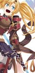  aqua_eyes armor armored_dress blonde_hair brown_gloves gauntlets gloves granblue_fantasy iwanori long_hair open_mouth polearm red_armor smile solo twintails weapon zeta_(granblue_fantasy) 