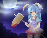  ambiguous_red_liquid animal_ears bad_id bad_pixiv_id bloomers blue_dress blue_hair bunny_ears cloud crescent dress ear_clip ellipsis_(mitei) full_moon kine long_hair mallet moon night night_sky outdoors puffy_short_sleeves puffy_sleeves red_eyes see-through seiran_(touhou) short_sleeves sky solo stain star star_(sky) touhou twintails underwear 