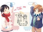  1girl black_hair brown_eyes brown_hair child closed_eyes earmuffs hand_up kitashirakawa_tamako long_hair low_twintails miton_(ton321) mittens ooji_mochizou scarf short_hair tamako_market twintails winter_clothes younger 