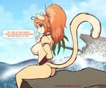  2015 ahoge areola blue_eyes breasts butt cat dialogue english_text feline female hair jewelry looking_at_viewer looking_back mammal necklace nipples nude orange_hair outside rear_view rock sabrina_(scorpdk) scorpdk side_boob sitting smile solo text tree water 