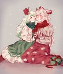  box dress ex-keine fujiwara_no_mokou gift gift_box gloves green_hair highres horn_ribbon horns kamishirasawa_keine long_hair multiple_girls orz_(kagewaka) pants red_eyes ribbon scarf shirt suspenders touhou wavy_hair white_hair yuri 