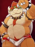  biceps bowser bulge clothing colored eclipsewolf koopa looking_at_viewer male mario_bros mistletoe muscular nintendo pecs plant red_background scalie simple_background solo speedo swimsuit teasing video_games 