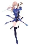  awashima_seri black_legwear blue_eyes brown_hair holding holding_sword holding_weapon k_(anime) long_hair saryou simple_background solo sword thighhighs uniform weapon white_background 