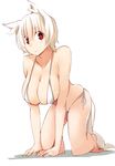  all_fours bikini breasts cleavage collarbone hanging_breasts inubashiri_momiji kamukamu_(ars) large_breasts looking_at_viewer red_eyes short_hair side-tie_bikini simple_background skindentation solo swimsuit touhou white_background white_bikini white_hair 