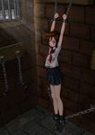  arms_up barred_window bdsm black_legwear blush bondage borrowed_character bound brick_wall brown_hair chain clenched_hands cuffs dungeon hair_ornament hairpin highres in_cell kneehighs midriff necktie no_shoes original rokujuuni school_uniform shackles socks solo suspenders tiptoes yellow_eyes 