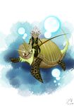  bubble clothed clothing dragon dragonking007 draice eyebrow fishing_rod fur green_eyes green_fur green_tatto hair horn invalid_tag laish long_hair marine_turtle open_mouth reptile scalie sea_turtle shell silver_hair simple_background smile tattoo turtle 