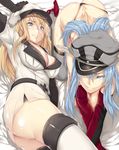  absurdres akame_ga_kill! all_fours artist_name ass bismarck_(kantai_collection) black_panties blonde_hair blue_eyes blue_hair boots breasts cleavage cosplay costume_switch crossover detached_sleeves esdeath grey_footwear grey_legwear hat hews_hack highres huge_filesize kantai_collection large_breasts look-alike multiple_girls paid_reward panties patreon_reward peaked_cap thigh_boots thighhighs thong topless underwear white_footwear white_legwear 