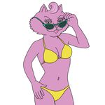  1:1 2014 anthro bikini bojack_horseman breasts cat clothed clothing digital_media_(artwork) feline female flat_colors fur green_eyes half-closed_eyes hi_res looking_at_viewer mammal pink_fur princess_carolyn simple_background solo swimsuit tongue tongue_out v1tal white_background yellow_clothing 