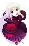  dress k_(anime) kushina_anna long_hair purple_eyes red_dress ruro_(ruro126) silver_hair simple_background solo white_background 