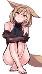 animal_ears bangs bare_legs bare_shoulders barefoot black_gloves copyright_request crossed_ankles eyebrows eyebrows_visible_through_hair fox_ears fox_tail gloves hair_between_eyes head_tilt light_brown_hair looking_at_viewer nail_polish red_eyes red_nails ruuku_(azukieru) short_hair simple_background sketch sleeveless solo tail white_background 