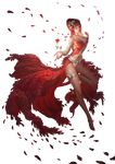  absurdres bare_legs bare_shoulders barefoot breasts cleavage dress feet flower full_body hair_ornament highres jewelry large_breasts league_of_angels legs lips long_hair navel pendant petals realistic red_dress red_eyes red_hair rike_lee rose rose_petals smile solo transparent_background 