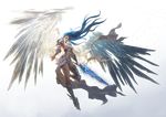  angel angel_wings blue_eyes blue_hair breasts floating_hair flying full_body greaves highres ice ice_wings large_breasts large_wings league_of_angels lips long_hair looking_at_viewer navel outstretched_arms realistic rike_lee sideboob solo spread_arms sword thighs tiara transparent_background weapon wings 