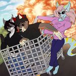  blue_fur breasts canine cleavage clothed clothing coyote explosion eyewear feline female fur grey)fur humor male mammal recurrent rodent sabertooth_(disambiguation) shopping_cart squirrel sunglasses 
