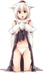  animal_ears breasts detached_sleeves hat inubashiri_momiji kamukamu_(ars) kneeling large_breasts looking_at_viewer navel panties pom_pom_(clothes) red_eyes short_hair simple_background skirt skirt_lift solo tareme tears tokin_hat touhou underwear wet white_background white_hair white_panties wolf_ears 