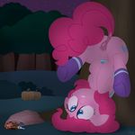  absurd_res blue_eyes blush candy cutie_mark dtcx97 equine female feral food forest friendship_is_magic fur hair halloween hi_res holidays horse mammal my_little_pony outside pink_fur pink_hair pinkie_pie_(mlp) pony pussy solo tree upside_down 