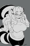  anthro big_breasts breasts chalo clothed clothing eyewear female fur glasses hair huge_breasts las_lindas long_hair mammal markings monochrome raccoon sammy_(chalo) smile solo stripes sweater 