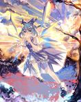  bell blue_dress blue_eyes blue_hair cirno cloud dress hair_bell hair_ornament ice ice_wings puffy_short_sleeves puffy_sleeves see-through shirt short_sleeves sky solo sunset touhou tree vima wings 