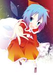  blue_eyes blue_hair blush bow cirno gradient_hair hair_bow highres hinata_ichi ice ice_wings lavender_hair multicolored_hair open_hand open_mouth sack santa_costume snowing solo touhou wings 