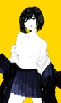  aqua_eyes black_hair clothes_removed highres no_bra open_mouth original short_hair simple_background skirt solo tokiti topless white_skin yellow_background 