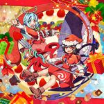  animal_costume black_hair blue_eyes blue_hair boots capelet christmas geta heterochromia houjuu_nue multiple_girls polearm red_eyes reindeer_costume tatara_kogasa touhou trident umigarasu_(kitsune1963) weapon 