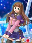  bad_id bad_pixiv_id belt breasts brown_hair cat choker hair_ornament hairclip long_hair medium_breasts open_mouth paws pencil_skirt sayo_(pixiv2776630) sidelocks skirt solo sophia_esteed staff star_ocean star_ocean_till_the_end_of_time thighhighs zettai_ryouiki 