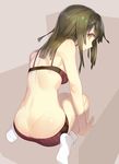  ass back bakemonogatari bra breasts brown_hair from_behind long_hair looking_at_viewer looking_back monogatari_(series) nilitsu panties plaid plaid_bra plaid_panties purple_bra purple_panties sengoku_nadeko sitting small_breasts socks solo underwear underwear_only white_legwear yellow_eyes 