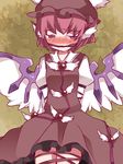  animal_ears arms_behind_back bad_id bad_pixiv_id blush bound brooch brown_dress cleave_gag cloth_gag commentary dress empty_eyes gag gagged grey_eyes hammer_(sunset_beach) hat improvised_gag jewelry leaf leaf_background mob_cap mystia_lorelei pink_hair solo tears tied_up touhou wings 