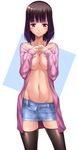  bare_shoulders black_legwear blush breasts brown_hair denim denim_skirt highres large_breasts long_hair looking_at_viewer miniskirt no_bra open_clothes original purple_eyes shiny shiny_skin skirt smile solo standing taru_neko thighhighs 