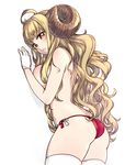  against_wall ahoge anila_(granblue_fantasy) ass blonde_hair blush breasts chan_co cowboy_shot draph eyebrows gloves granblue_fantasy horns large_breasts long_hair looking_at_viewer panties red_panties sheep_horns short_eyebrows side-tie_panties sideboob solo thick_eyebrows thighhighs topless underwear underwear_only white_background white_gloves white_legwear yellow_eyes 