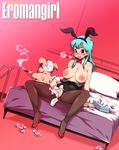  1girl :p after_sex animal_ears bare_shoulders bed black_legwear blue_eyes blue_hair blush bow bowtie breasts breath bulma bunny_ears bunnysuit censored cigar cum cum_in_pussy dragon_ball dragon_ball_(classic) hetero highres isako_rokurou large_breasts long_hair looking_at_viewer mosaic_censoring nipples object_on_head oolong panties panties_on_head pantyhose pig pillow sitting smoking spread_legs tissue_box tongue tongue_out torn_clothes torn_legwear underwear used_tissue 