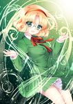  :d bad_id bad_pixiv_id bangs blazer blonde_hair collared_shirt cowboy_shot curly_hair eyebrows eyebrows_visible_through_hair glasses green green_background green_eyes green_skirt hairband highres hououji_fuu jacket lace lace-trimmed_skirt legs_together long_sleeves looking_at_viewer magic_knight_rayearth mikazuki_sara neck_ribbon open_mouth parted_bangs pleated_skirt red_hairband red_ribbon ribbon school_uniform shirt short_hair skirt skirt_set smile solo visible_air white_shirt wind 