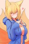  animal_ears blonde_hair blush breasts center_opening dearmybrothers fox_ears fox_tail heart highres hood hoodie large_breasts looking_at_viewer multiple_tails naked_hoodie open_clothes open_hoodie solo tail touhou yakumo_ran yellow_eyes 