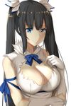  absurdres artist_name bare_shoulders black_hair blue_eyes blue_ribbon breasts cleavage dress dungeon_ni_deai_wo_motomeru_no_wa_machigatteiru_darou_ka gloves hestia_(danmachi) hews_hack highres large_breasts long_hair looking_at_viewer paid_reward patreon_reward rei_no_himo ribbon signature smile solo sweat twintails upper_body white_dress white_gloves 