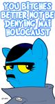  2014 black_eyes black_hair blue_fur clothed clothing curtsibling digital_media_(artwork) english_text equine eyebrow eyelashes fur hair horse jacket looking_back male mammal my_little_pony nazi parody pegasus pony pony_hitler solo swastika text watermark wings yellow_sclera 