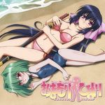  beach bikini blue_hair blush bow breasts cleavage collarbone from_above green_hair hair_between_eyes hair_bow katana long_hair lowres lying multiple_girls navel noihara_himari nose_blush official_art omamori_himari on_back on_side one-piece_swimsuit pink_bow ponytail purple_eyes red_bikini red_eyes sand school_swimsuit shiny shiny_skin shizuku_(omamori_himari) short_hair side-tie_bikini sparkle stomach swimsuit sword unsheathed very_long_hair water weapon 