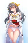  black_hair blurry blush brown_eyes crossed_legs crotch_seam depth_of_field detached_sleeves embarrassed hair_between_eyes hair_ornament hairband hairclip hand_on_own_stomach haruna_(kantai_collection) headgear japanese_clothes kantai_collection kazuma_muramasa long_hair looking_away nontraditional_miko panties skirt skirt_lift solo standing thigh_gap thighs underwear white_panties 