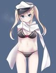  alternate_costume ass_visible_through_thighs bangs bikini black_bikini blonde_hair blue_background blue_eyes blush bow bow_bikini breasts breath cleavage cowboy_shot eyebrows eyebrows_visible_through_hair graf_zeppelin_(kantai_collection) hair_between_eyes hat ichiyou_moka kantai_collection large_breasts legs_apart long_hair looking_at_viewer peaked_cap red_bow scarf simple_background solo swimsuit 