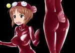  anglerfish_costume ass black_background breasts brown_eyes brown_hair commentary covered_nipples embarrassed girls_und_panzer hat impossible_clothes large_breasts looking_away nishizumi_miho open_mouth sakurai_tene short_hair solo standing 